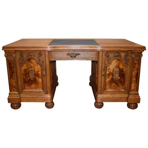 German Oak Desk with Burled Walnut Accent