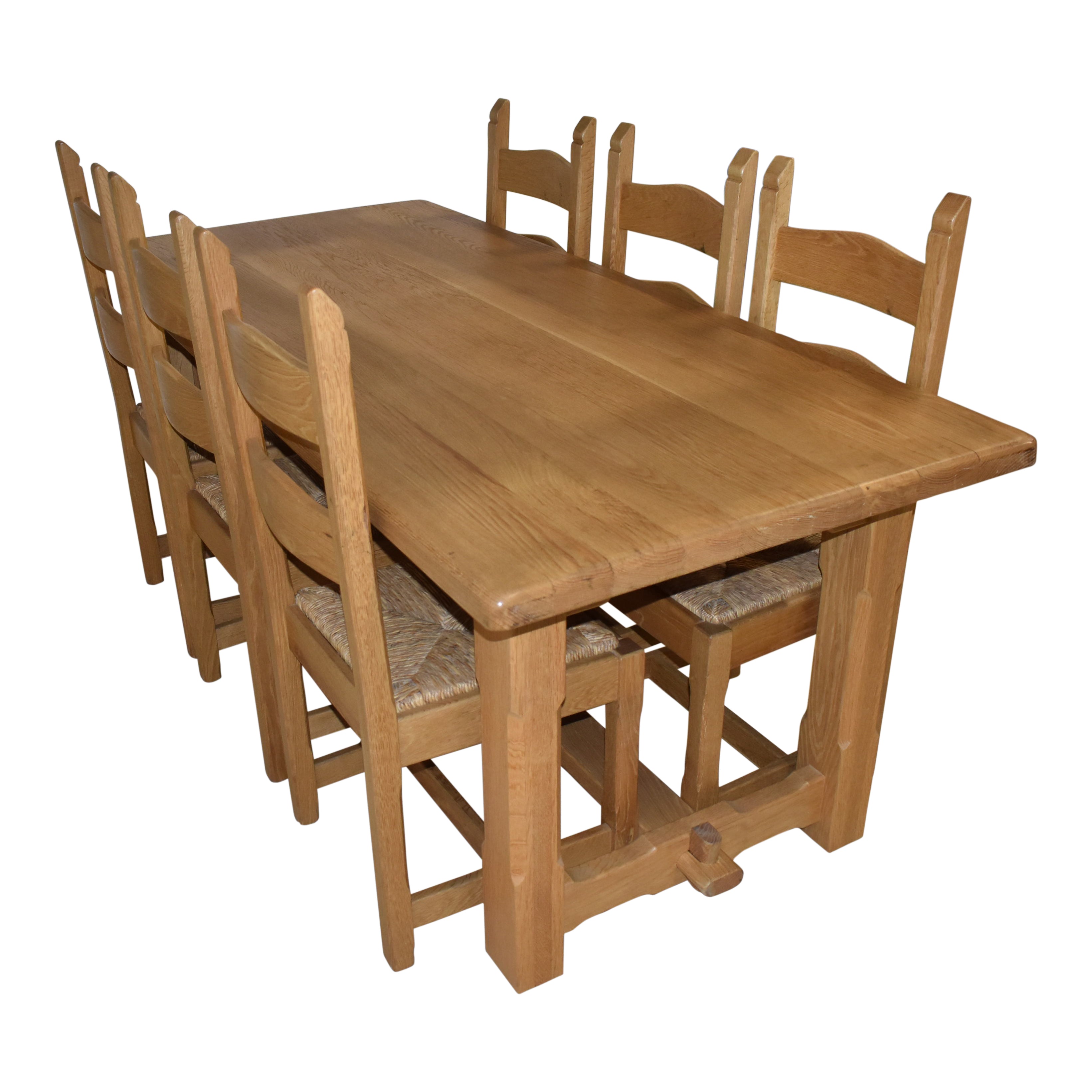 Oak Trestle Dining Table with Ladder Back Chairs, Set of Seven