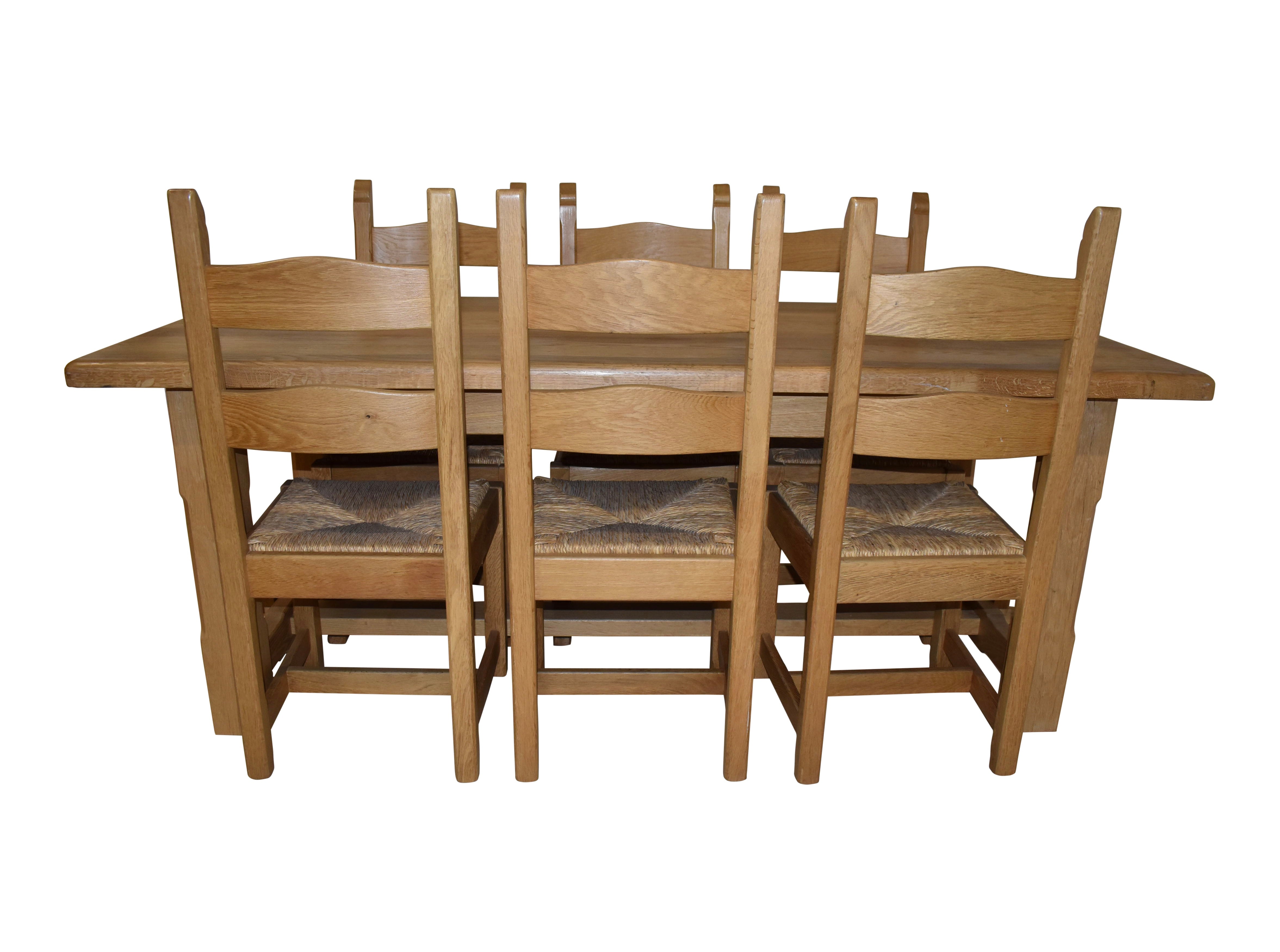 Oak Trestle Dining Table with Ladder Back Chairs, Set of Seven