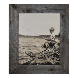 Boy Fishing Canvas Print in Barnwood Frame
