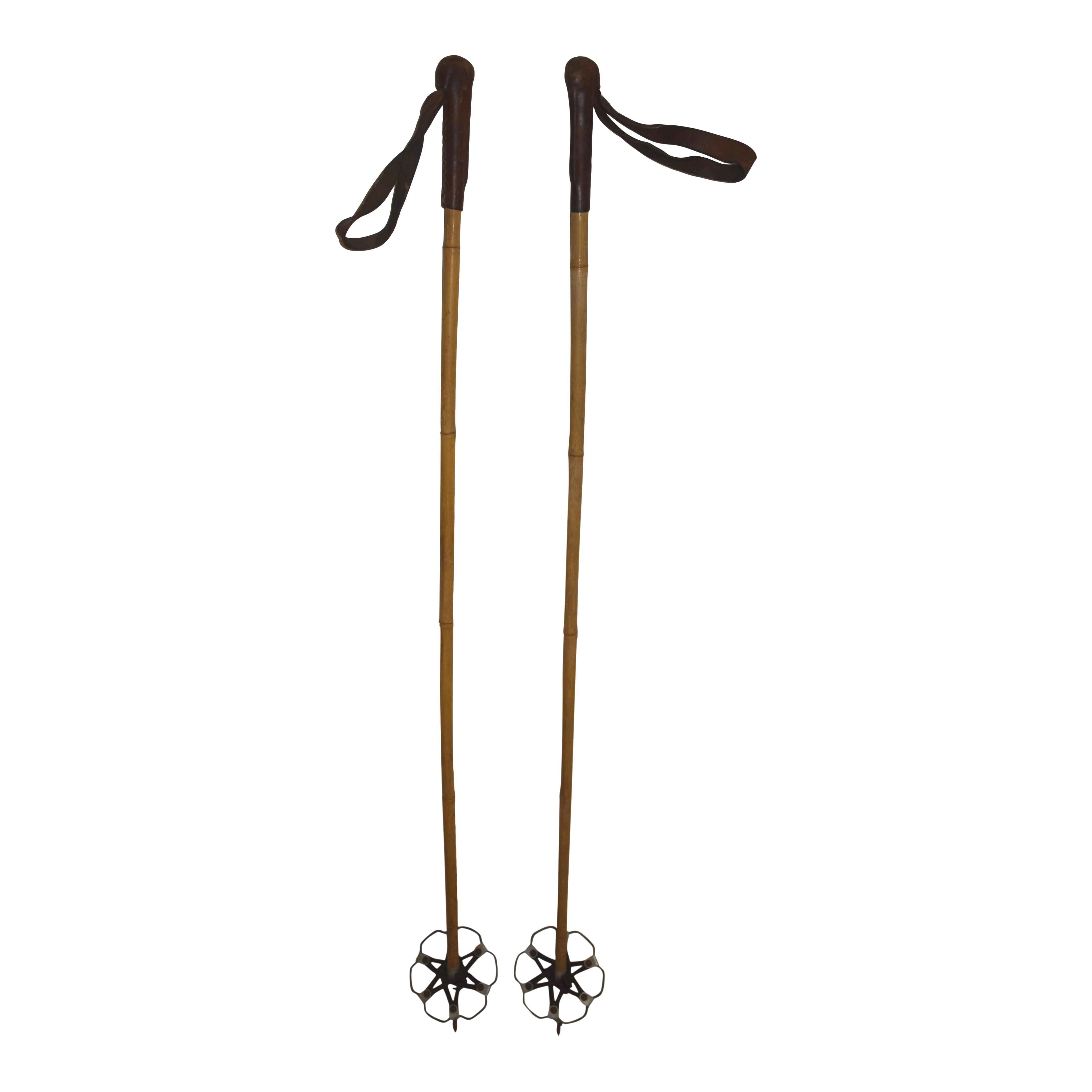Bamboo Ski Poles with Leather Grips and Aluminum Baskets