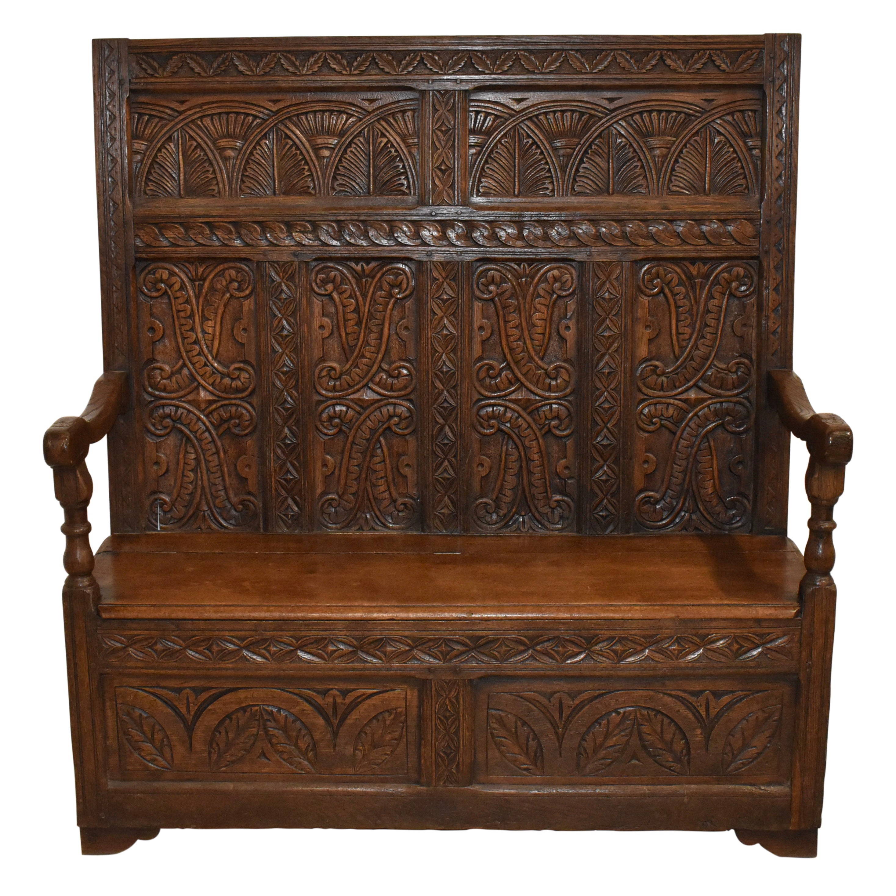 Carved English High Back Oak Bench with Storage