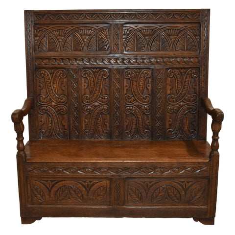 Carved English High Back Oak Bench with Storage