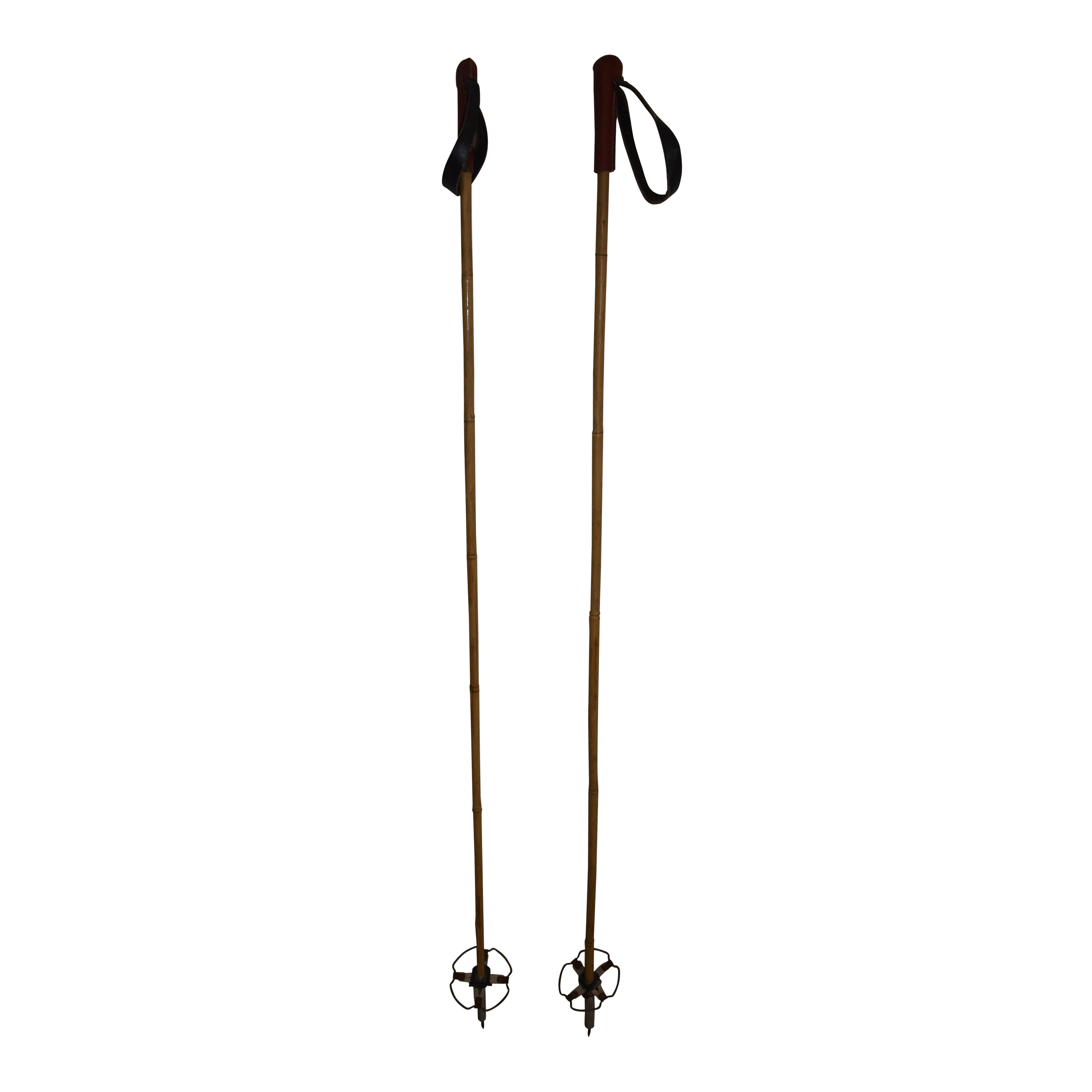 Long Bamboo Ski Poles with Leather Grips and Aluminum Baskets