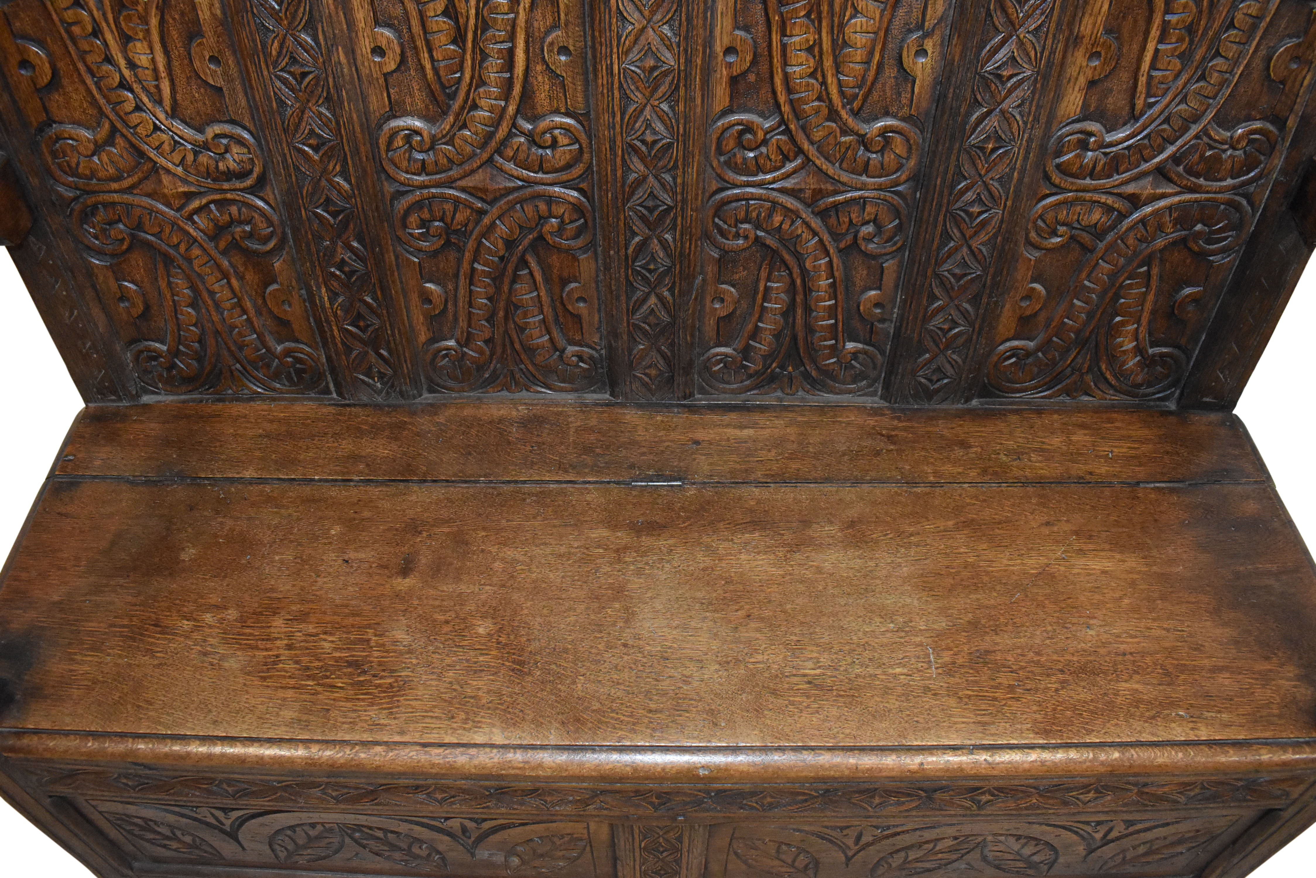 Carved English High Back Oak Bench with Storage
