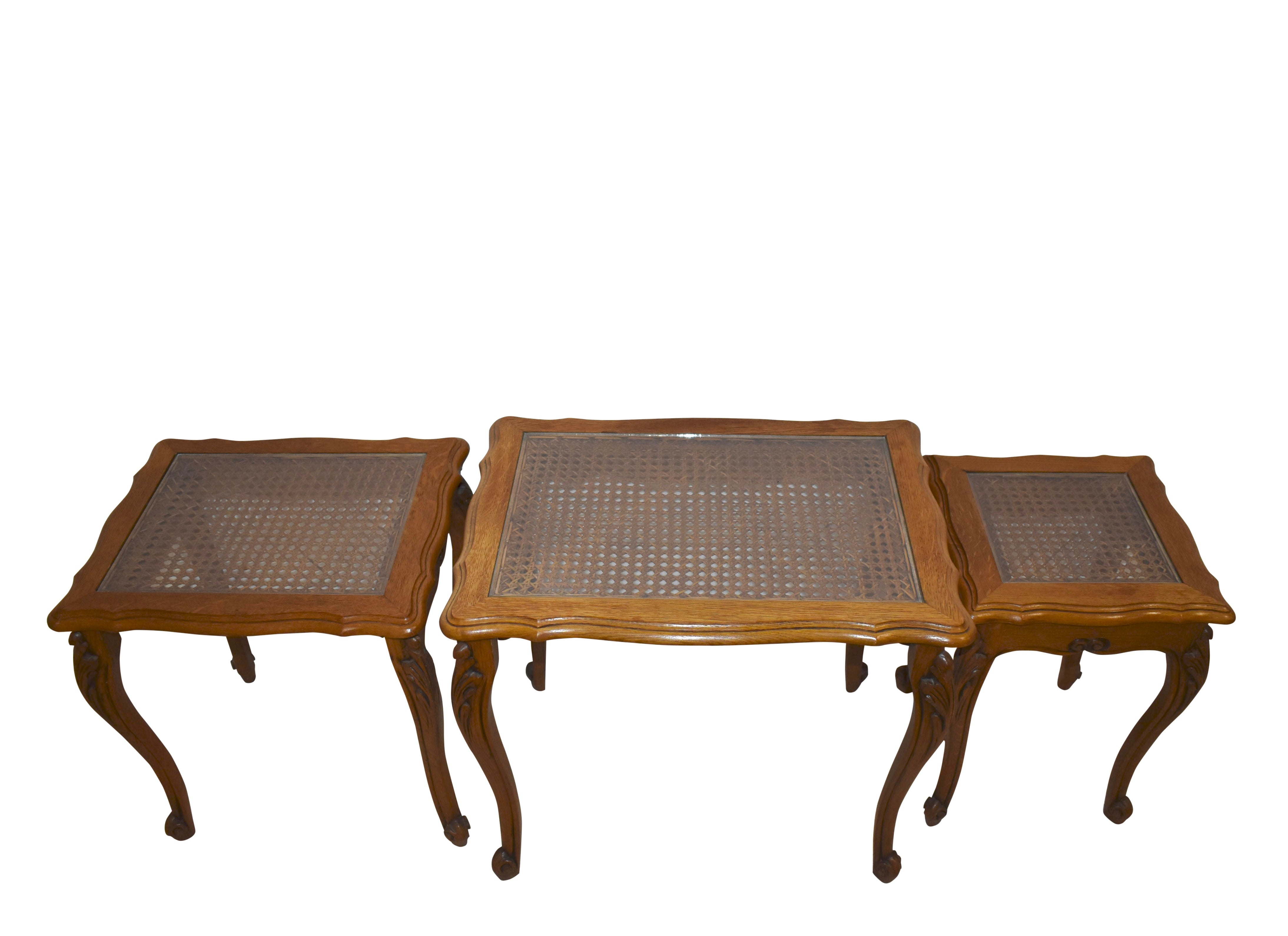 Oak Nesting Tables with Cane and Glass Tops, Set of Three