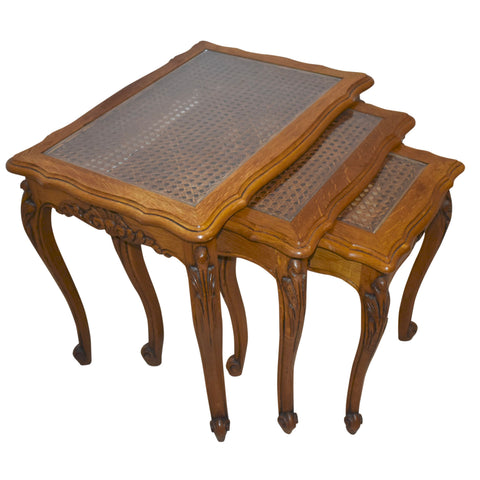 Oak Nesting Tables with Cane and Glass Tops, Set of Three