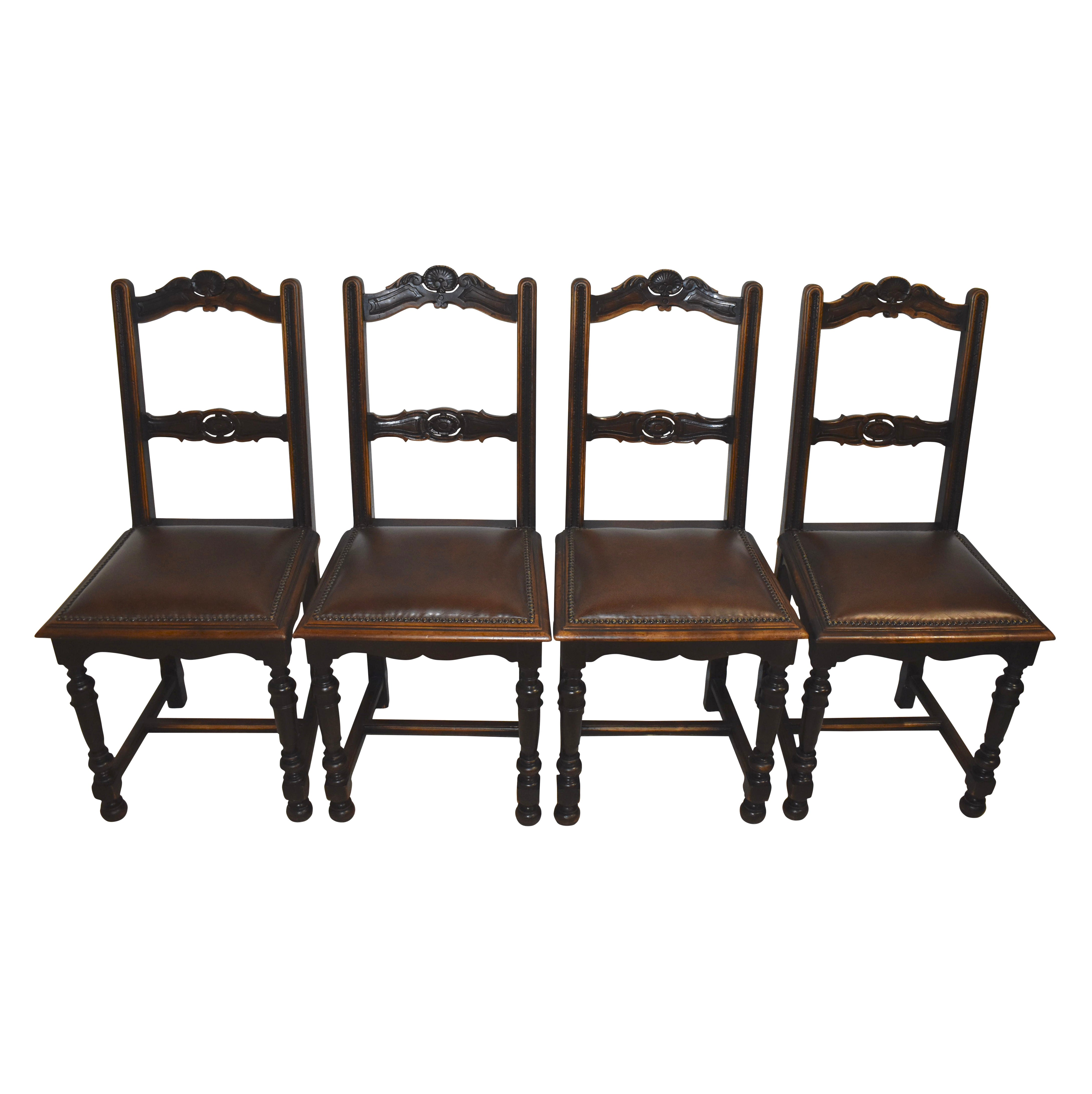Carved Dining Chairs with Leather Seats, Set of Four