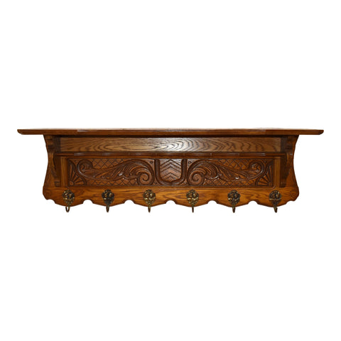 Carved Oak Wall Mounted Coat Rack with Shelves