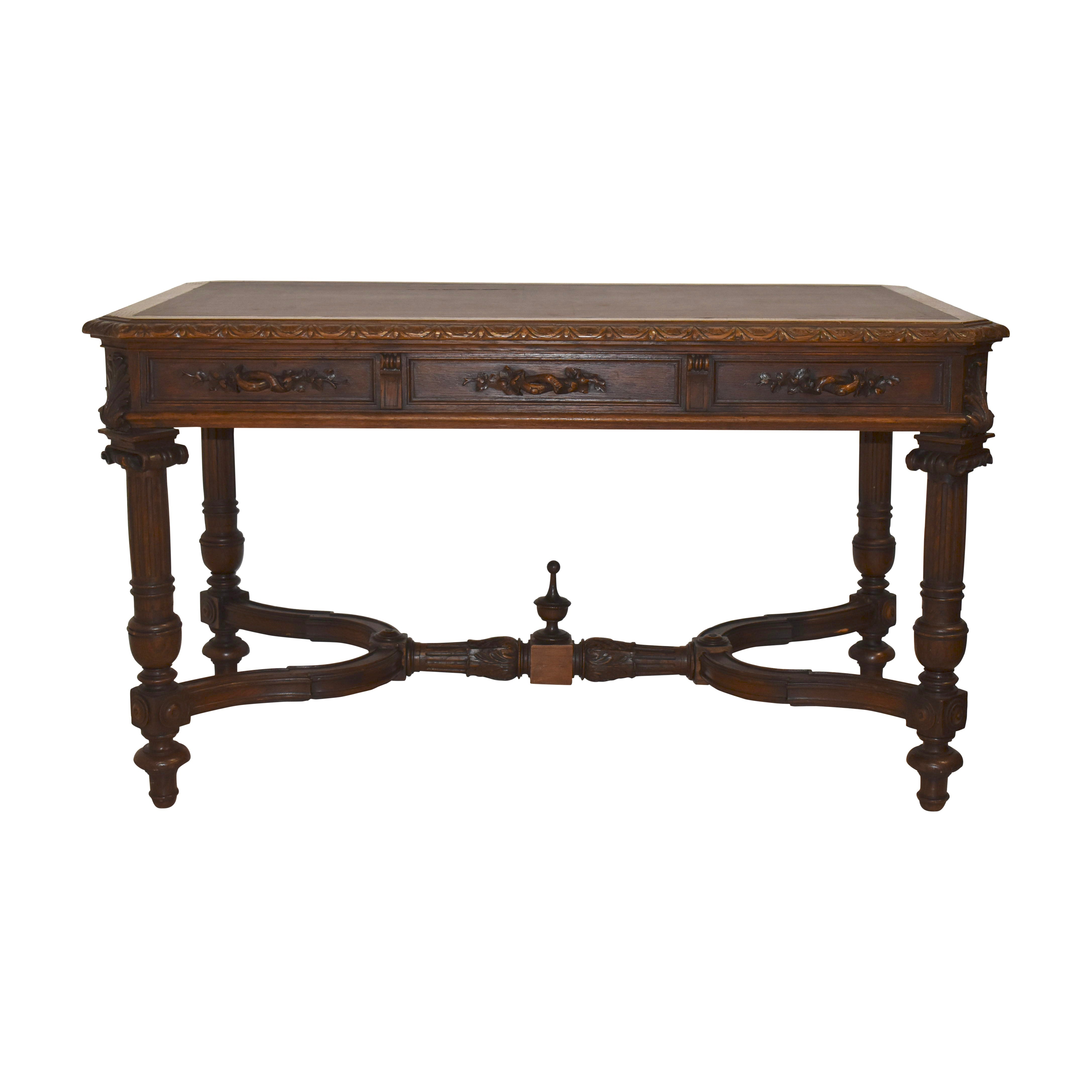 Carved Oak Desk with Leather Top
