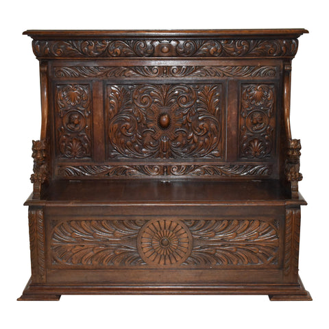 Carved English Oak Bench with Storage
