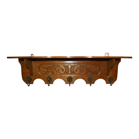 Carved Oak Wall Mounted Coat Rack with Shelf