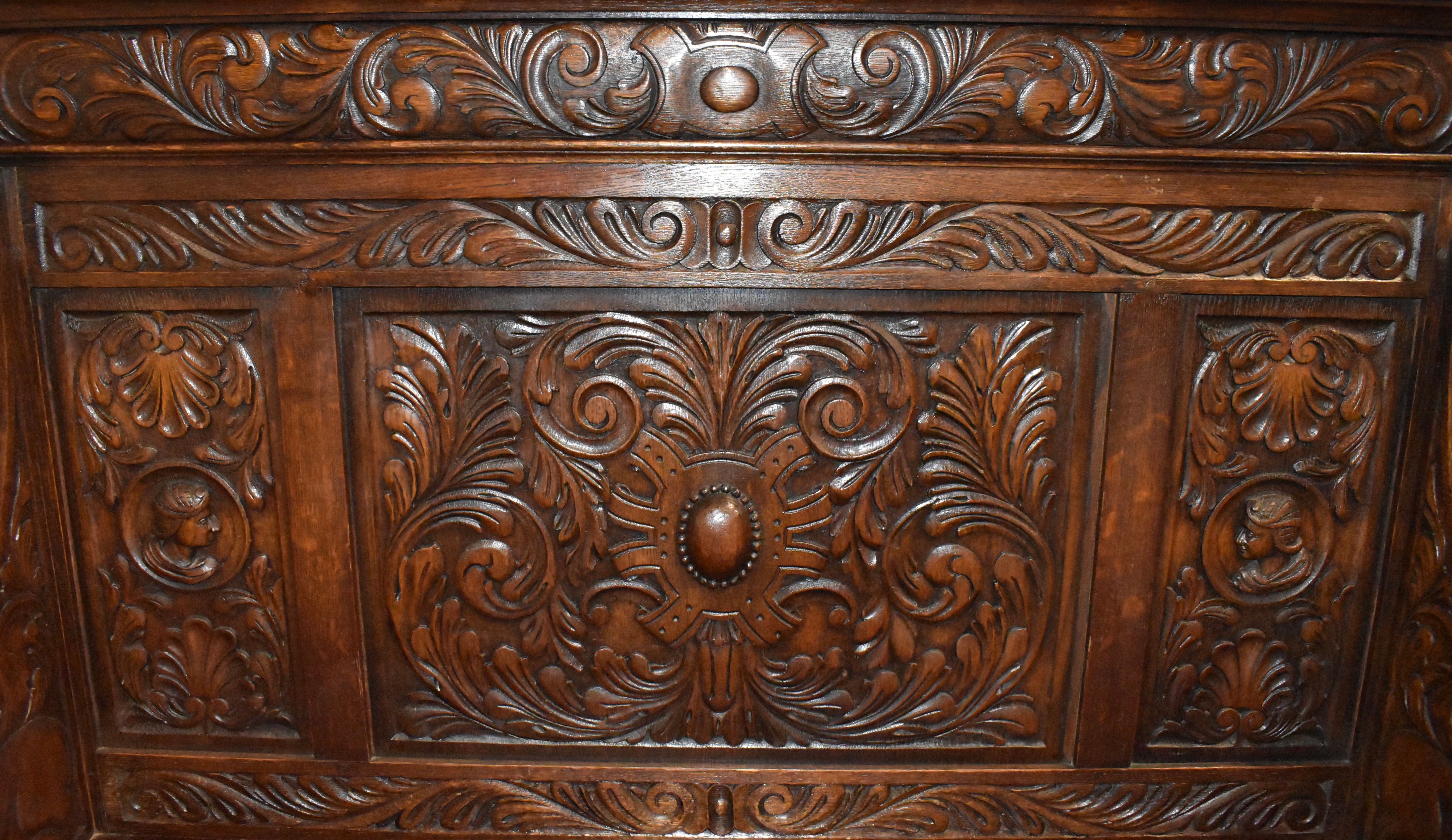 Carved English Oak Bench with Storage