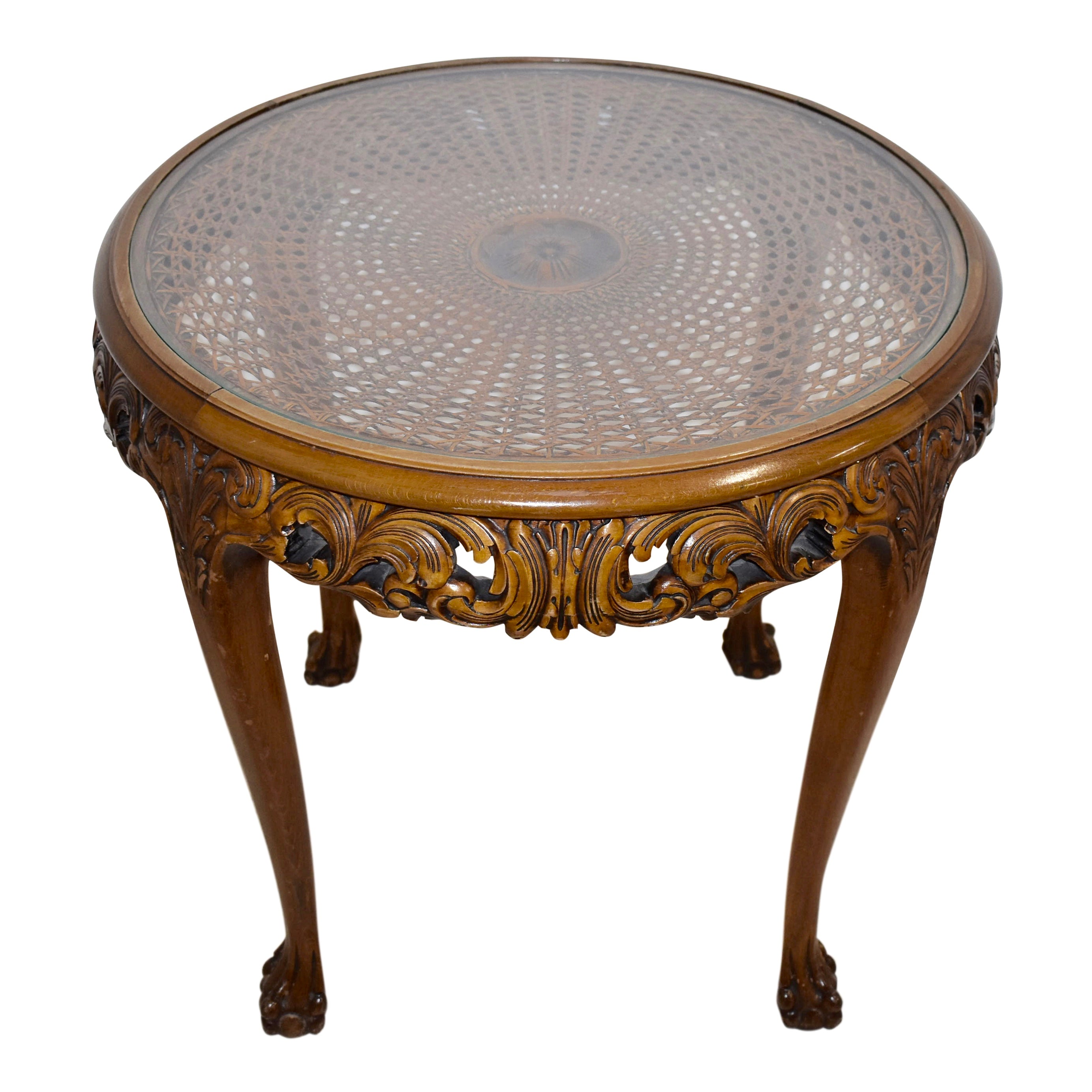 Carved Round Side Table with Cane and Glass Top