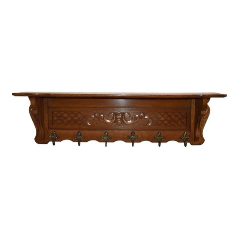 Carved Oak Wall Mounted Coat Rack with Shelf