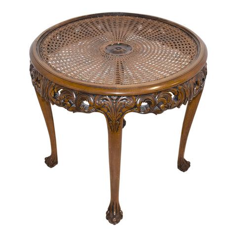 Carved Round Side Table with Cane and Glass Top