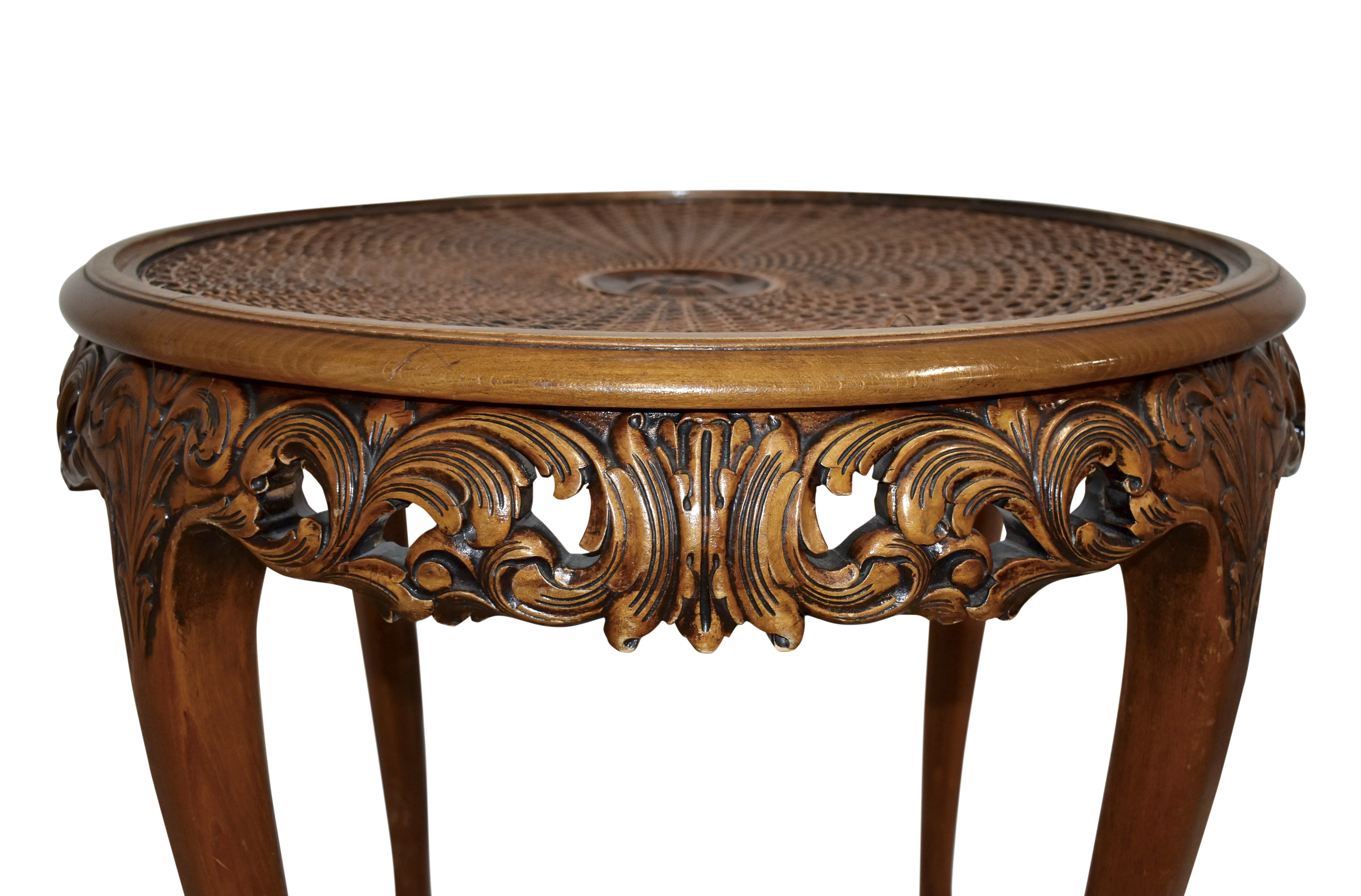 Carved Round Side Table with Cane and Glass Top