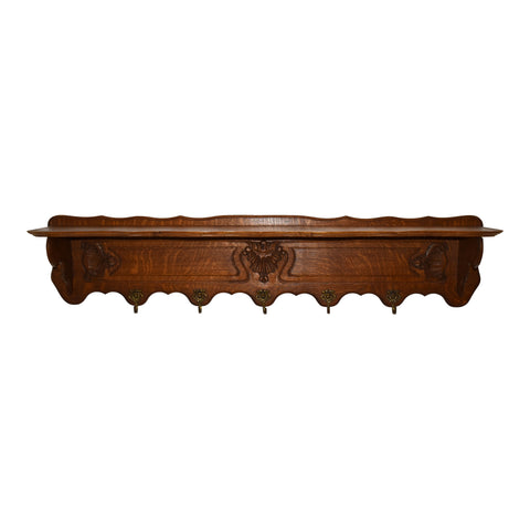 Carved Oak Wall Mounted Coat Rack with Shelf