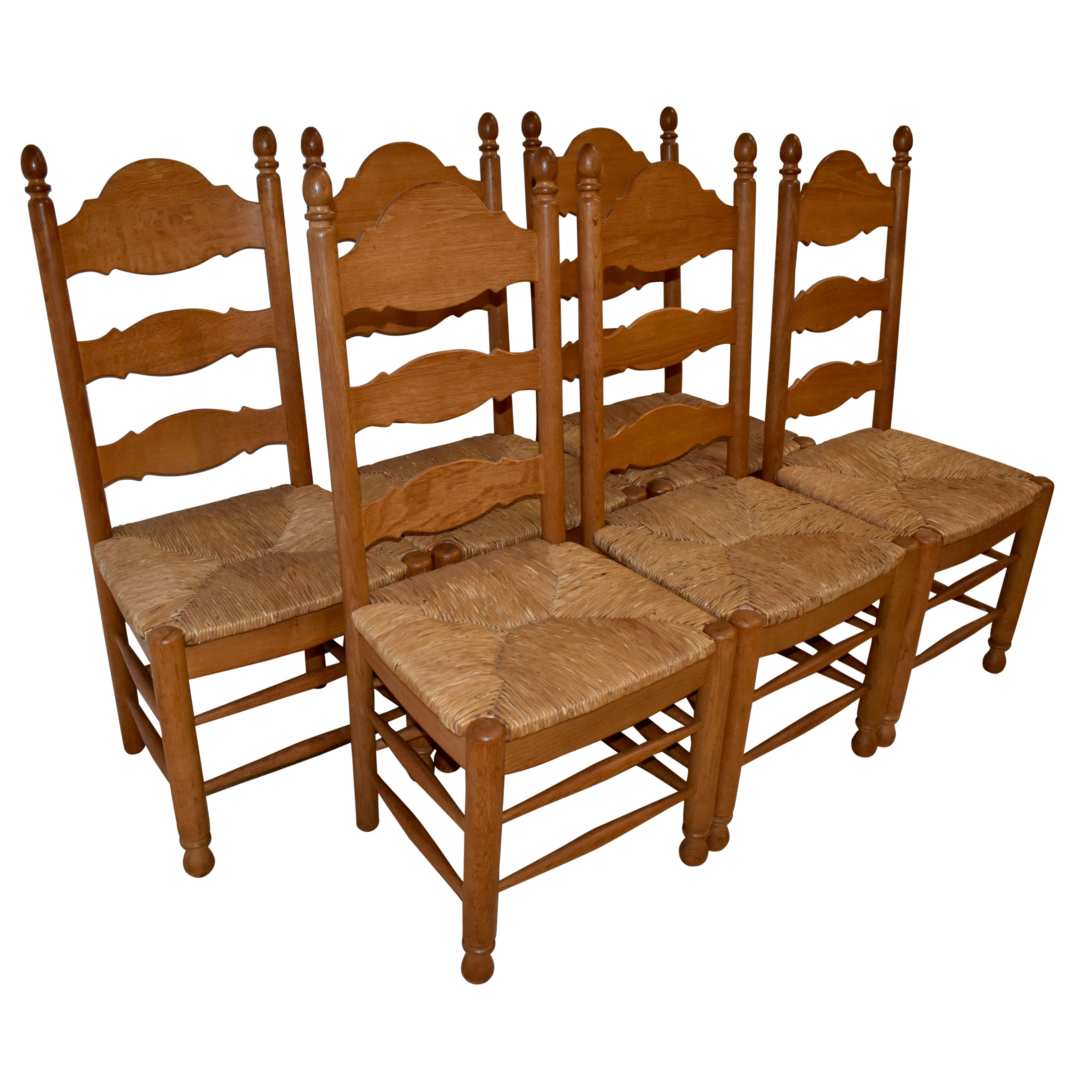 Oak Ladder Back Dining Chairs with Rush Seats, Set of Six
