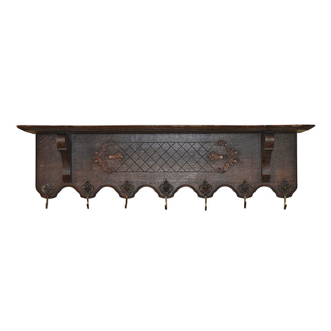 Carved Oak Wall Mounted Coat Rack with Shelf