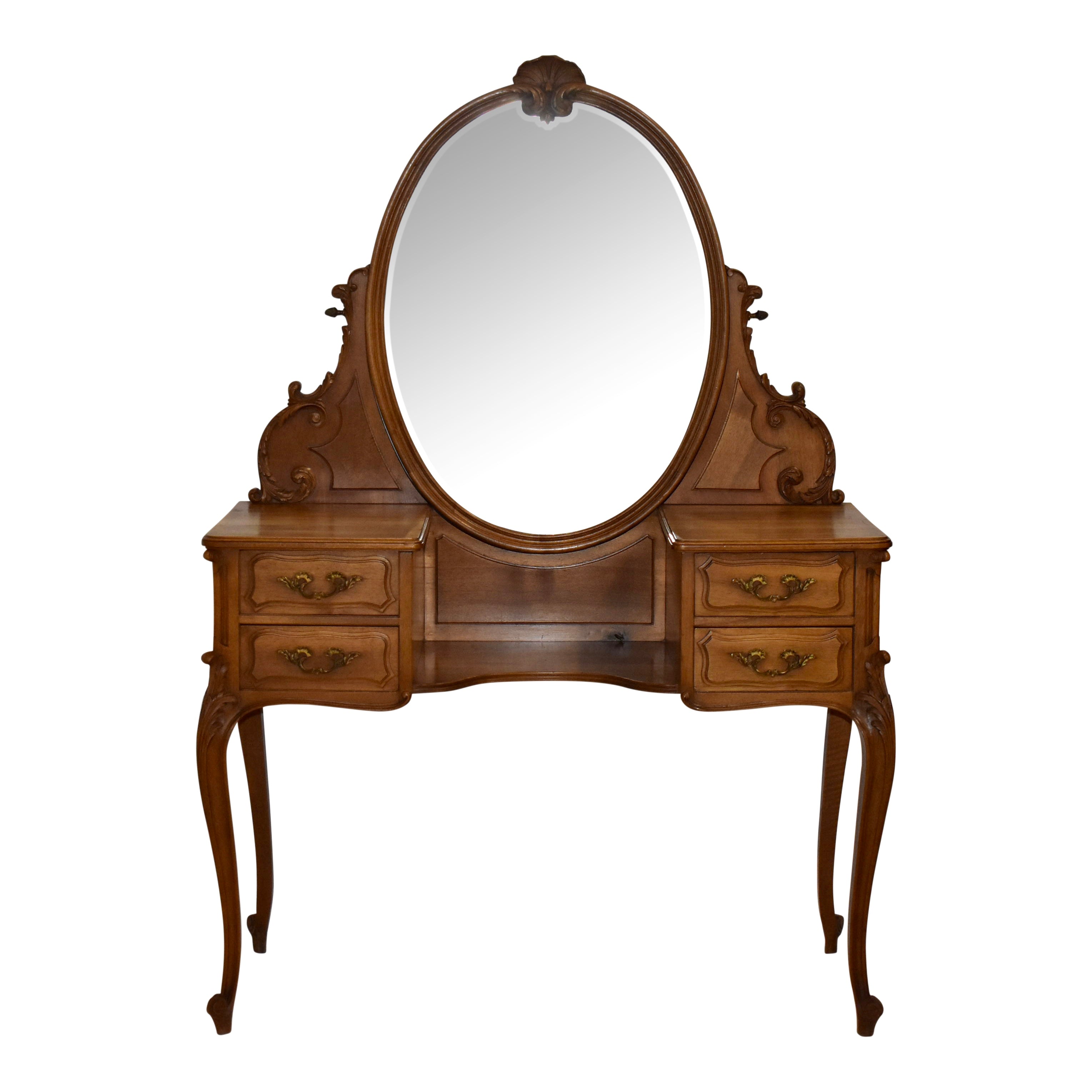 Louis XV Walnut Dressing Table with Oval Mirror - Ski Country Antiques & Home Louis XV Walnut Dressing Table with Oval Mirror - Ski Country Antiques & Home