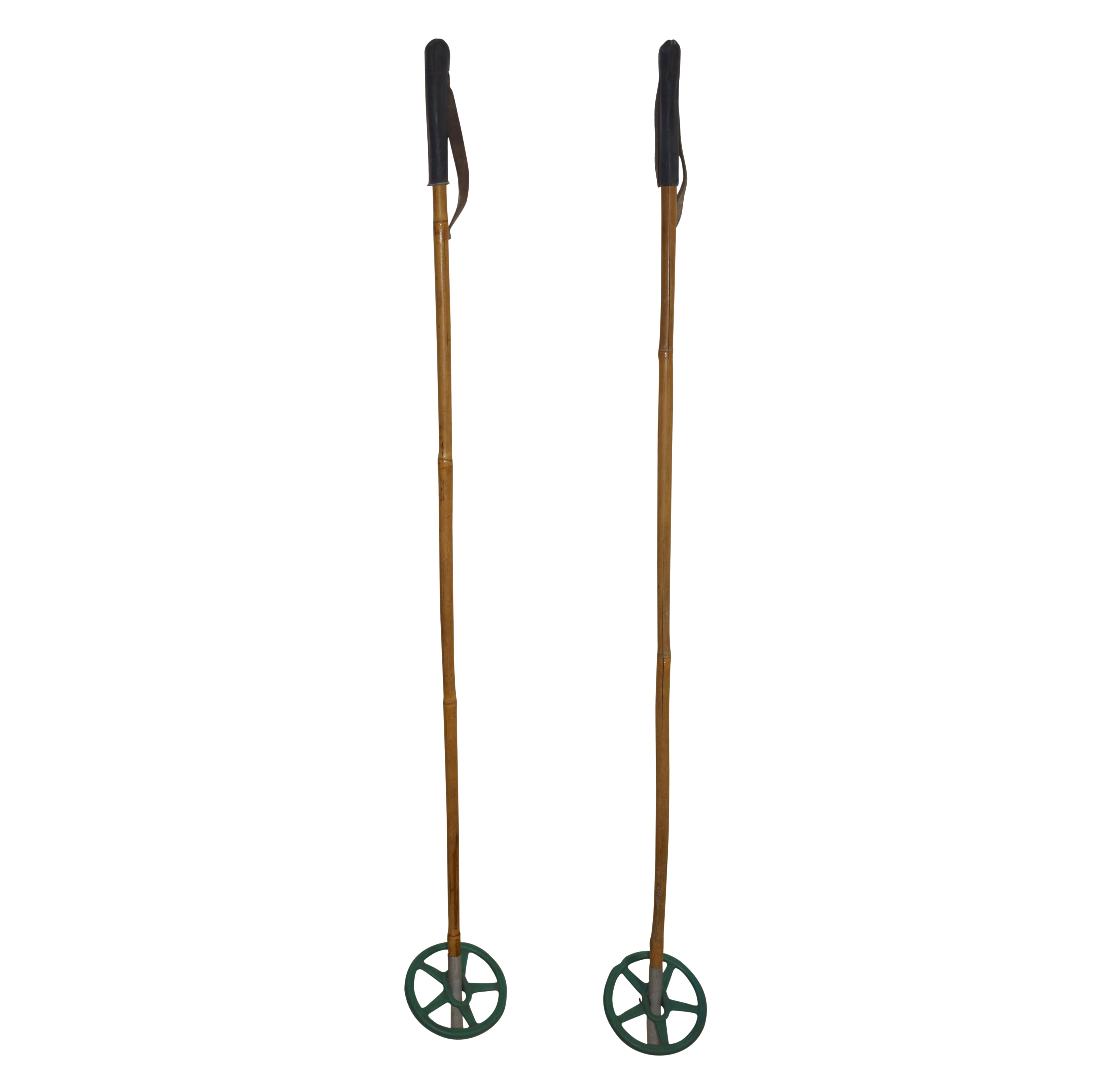 Bamboo Ski Poles with Green Plastic Baskets