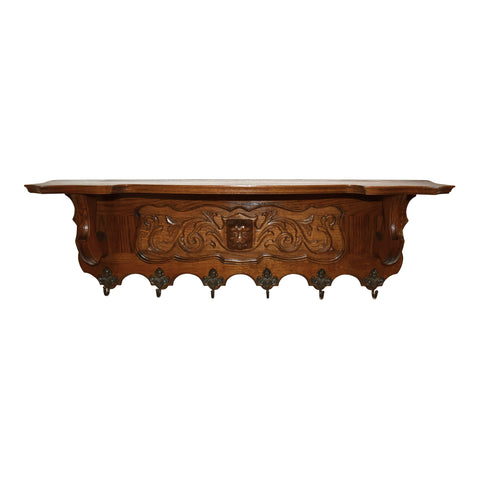Carved Oak Wall Mounted Coat Rack with Shelf