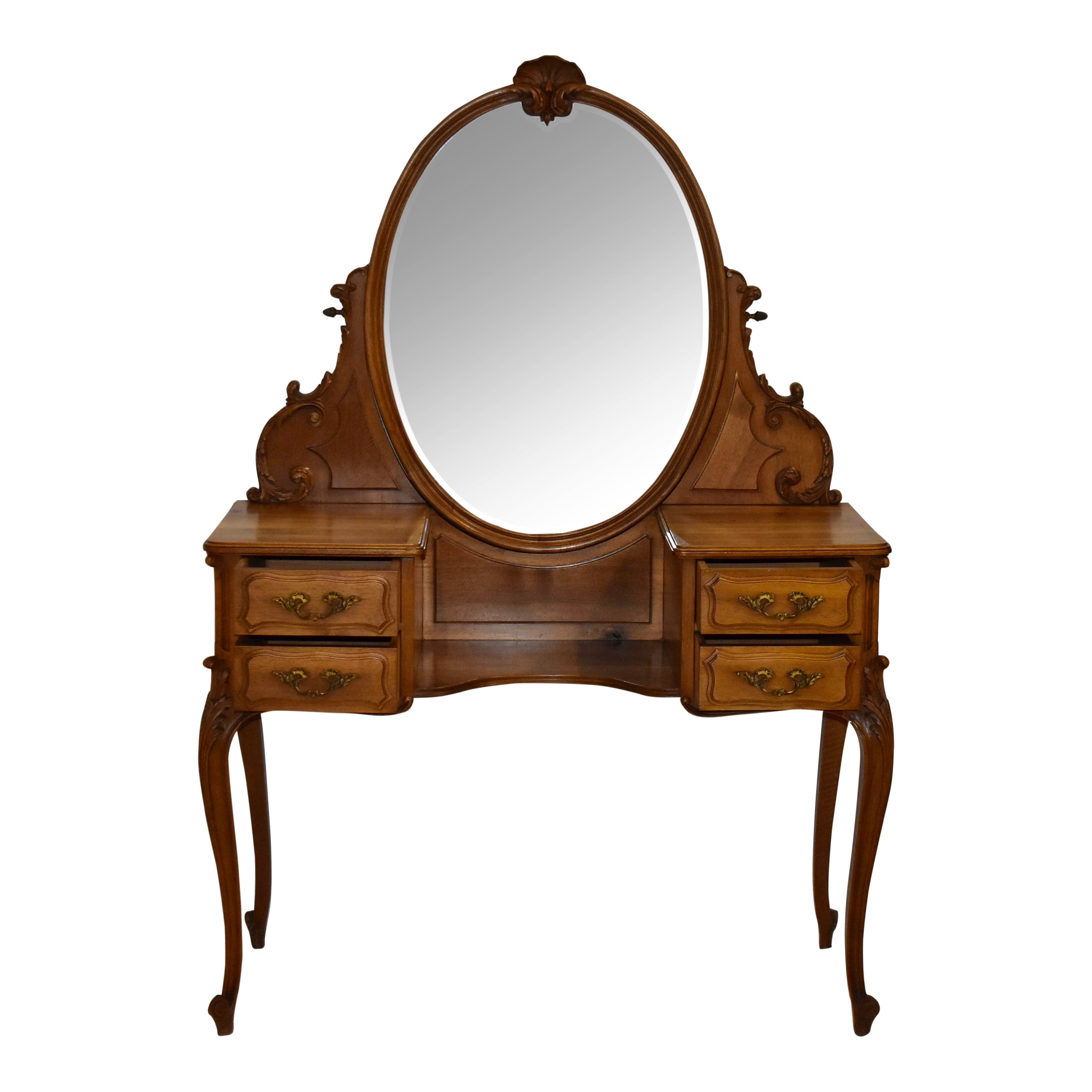 Louis XV Walnut Dressing Table with Oval Mirror - Ski Country Antiques & Home Louis XV Walnut Dressing Table with Oval Mirror - Ski Country Antiques & Home