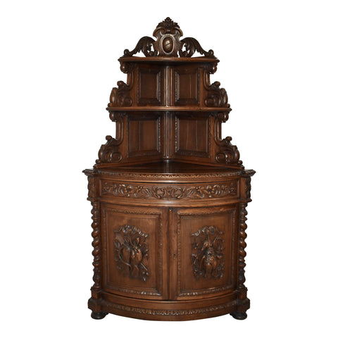 Carved Oak Bow Front Hunt Corner Cabinet