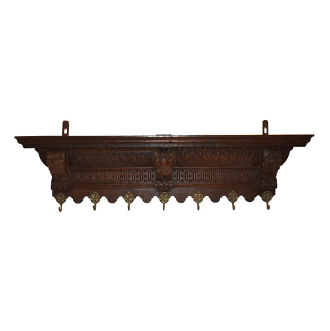 Carved Oak Wall Mounted Coat Rack with Shelf