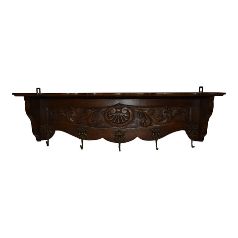 Carved Oak Wall Mounted Coat Rack with Shelf