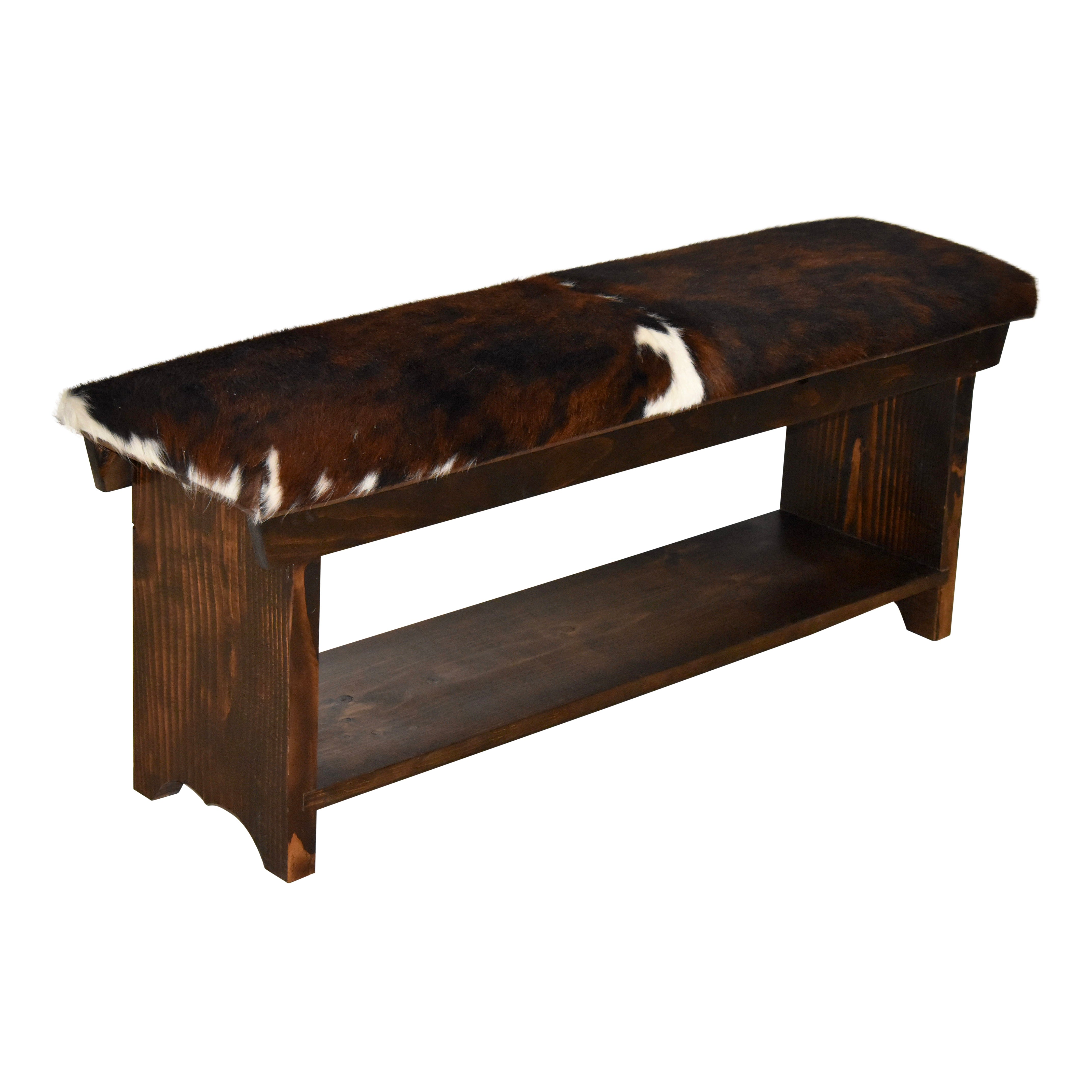 Cowhide Bench Rustic Cowhide Bench with Shelf - Ski Country Antiques & Home