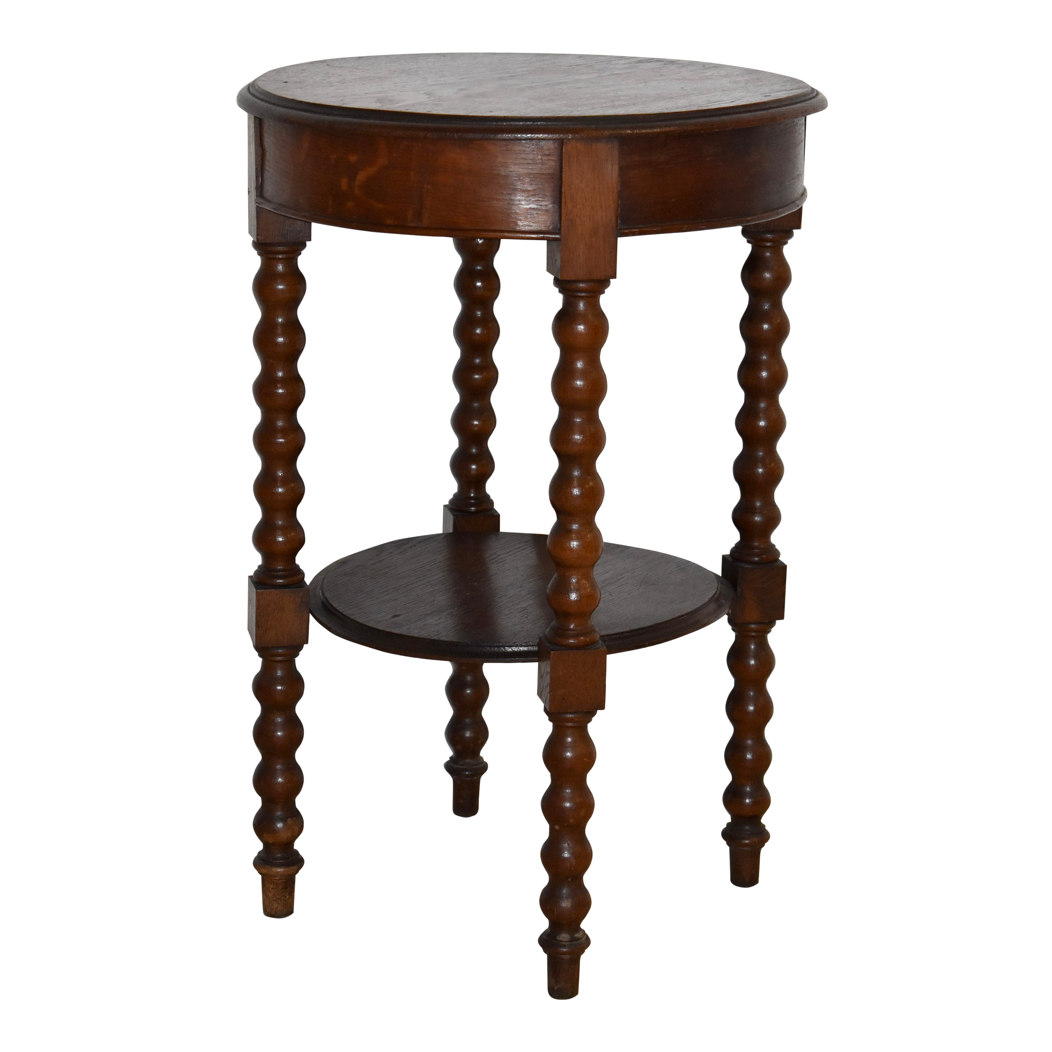 Round Oak Side Table with Lower Tier
