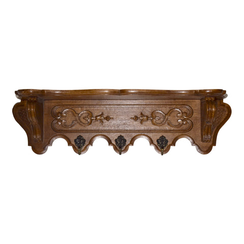 Carved Oak Wall Mounted Coat Rack with Shelf