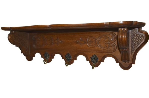 Carved Oak Wall Mounted Coat Rack with Shelf - Ski Country Antiques & Home