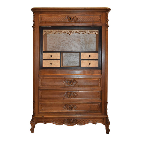 Carved Walnut Louis XV Open-Front Cabinet with Maple Interior and Marble Top