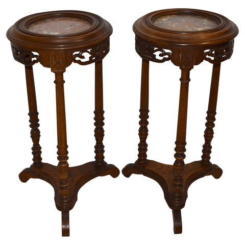 French Mahogany Side Tables/Candle Stands with Marble Tops, Set of Two