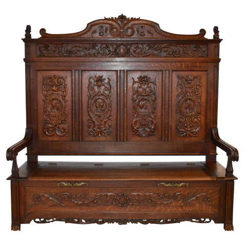 Belgian Carved Oak High Back Bench with Storage