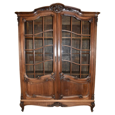 Walnut Louis XV Bookcase with Glass Doors