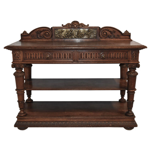 Carved Oak Server Buffet with Decorative Putti Copper Panel