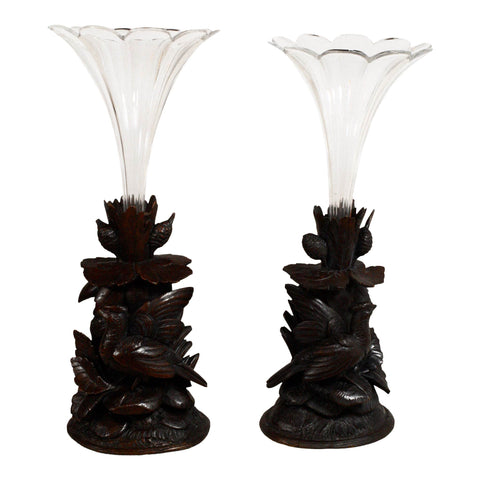 Carved Wooden Vases with Glass Set of 2