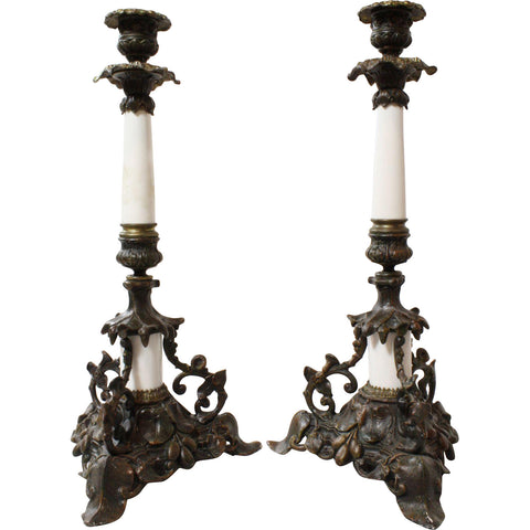 Brass and Porcelain Candlesticks - Set of 2