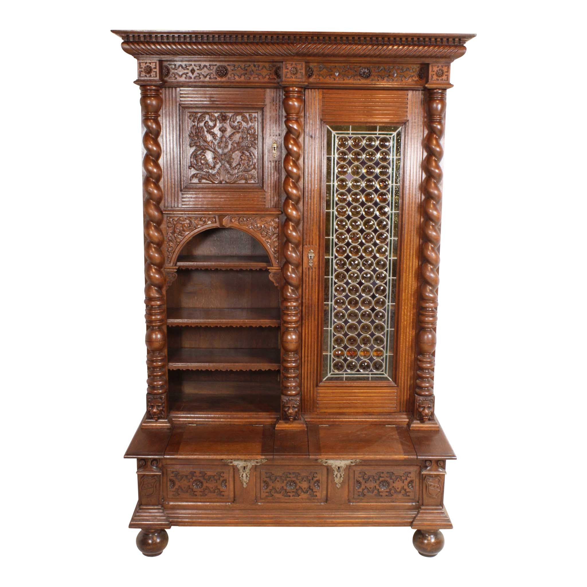 ski-country-antiques - Renaissance Style Book Case with Leaded Glass Door