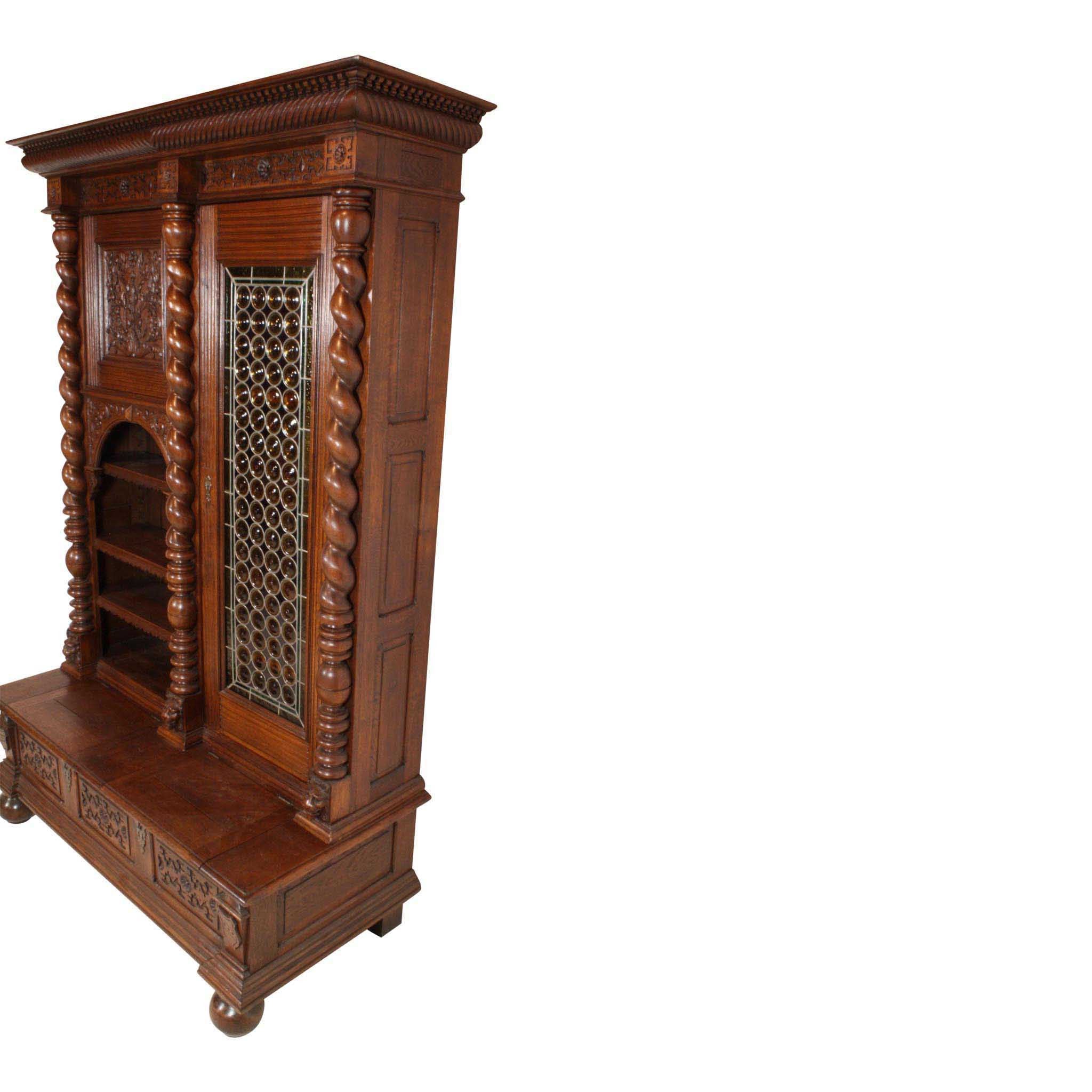 ski-country-antiques - Renaissance Style Book Case with Leaded Glass Door
