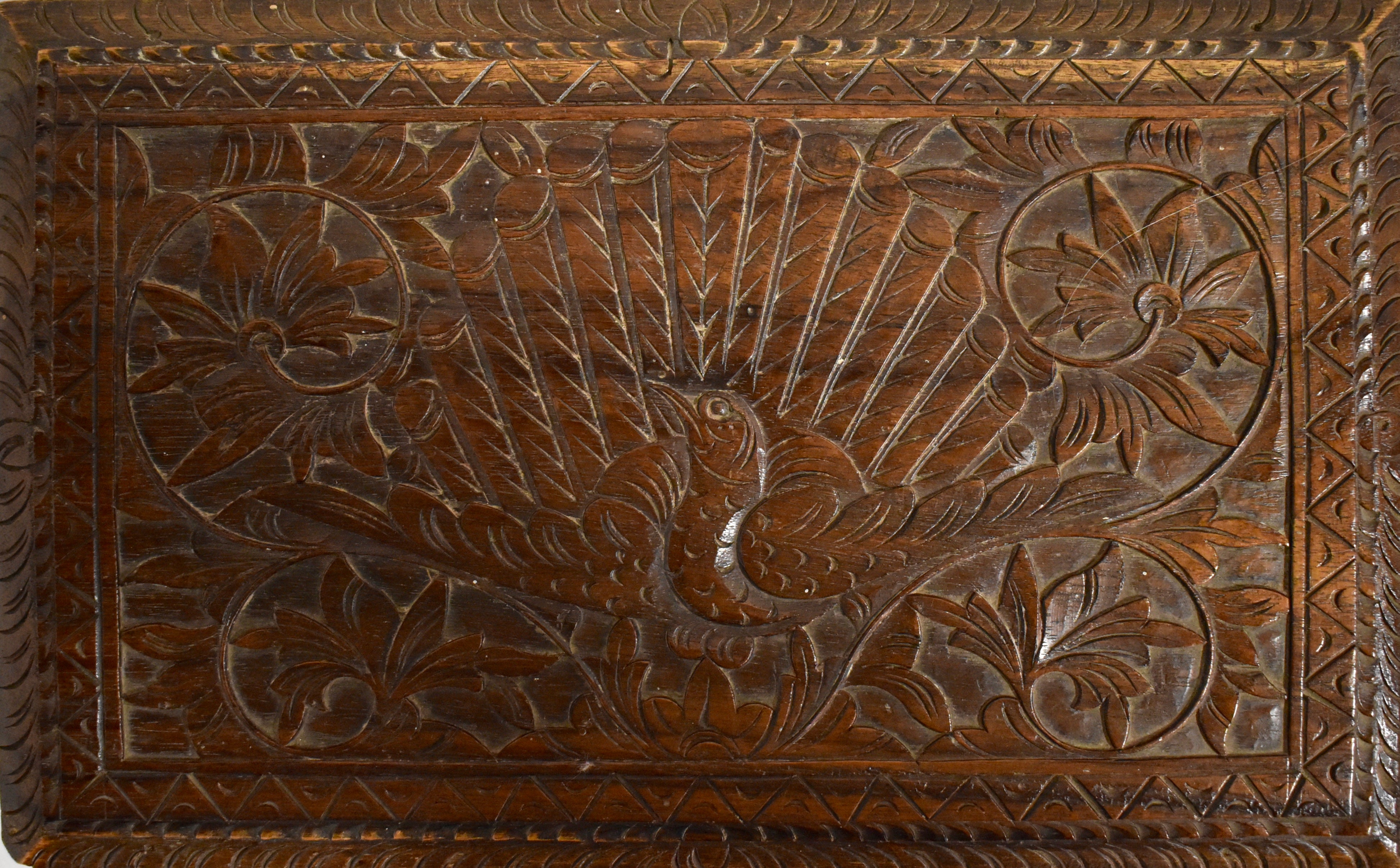 Carved Oak Box with Peacock