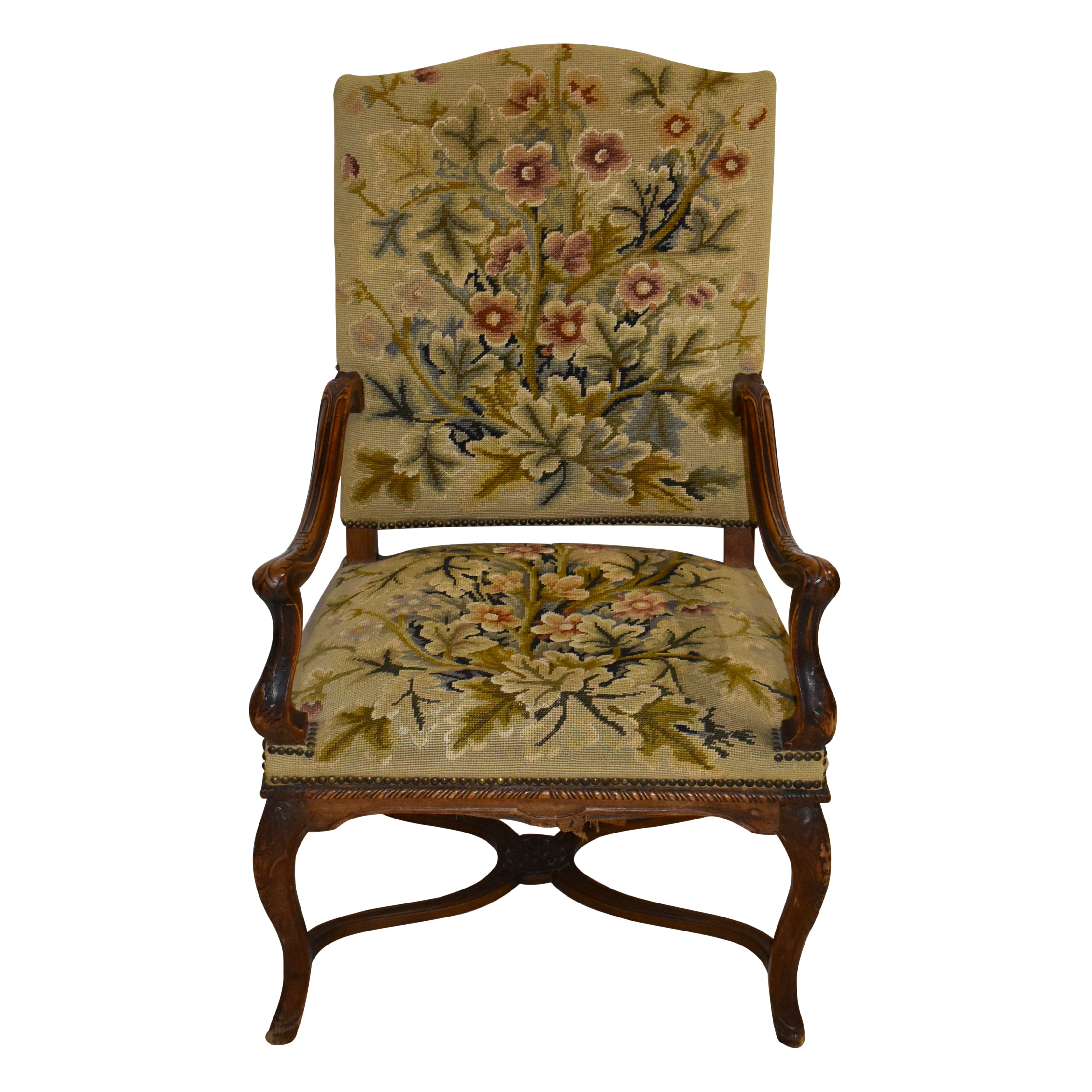 Louis XV French Walnut Needlepoint Fauteuil Armchair