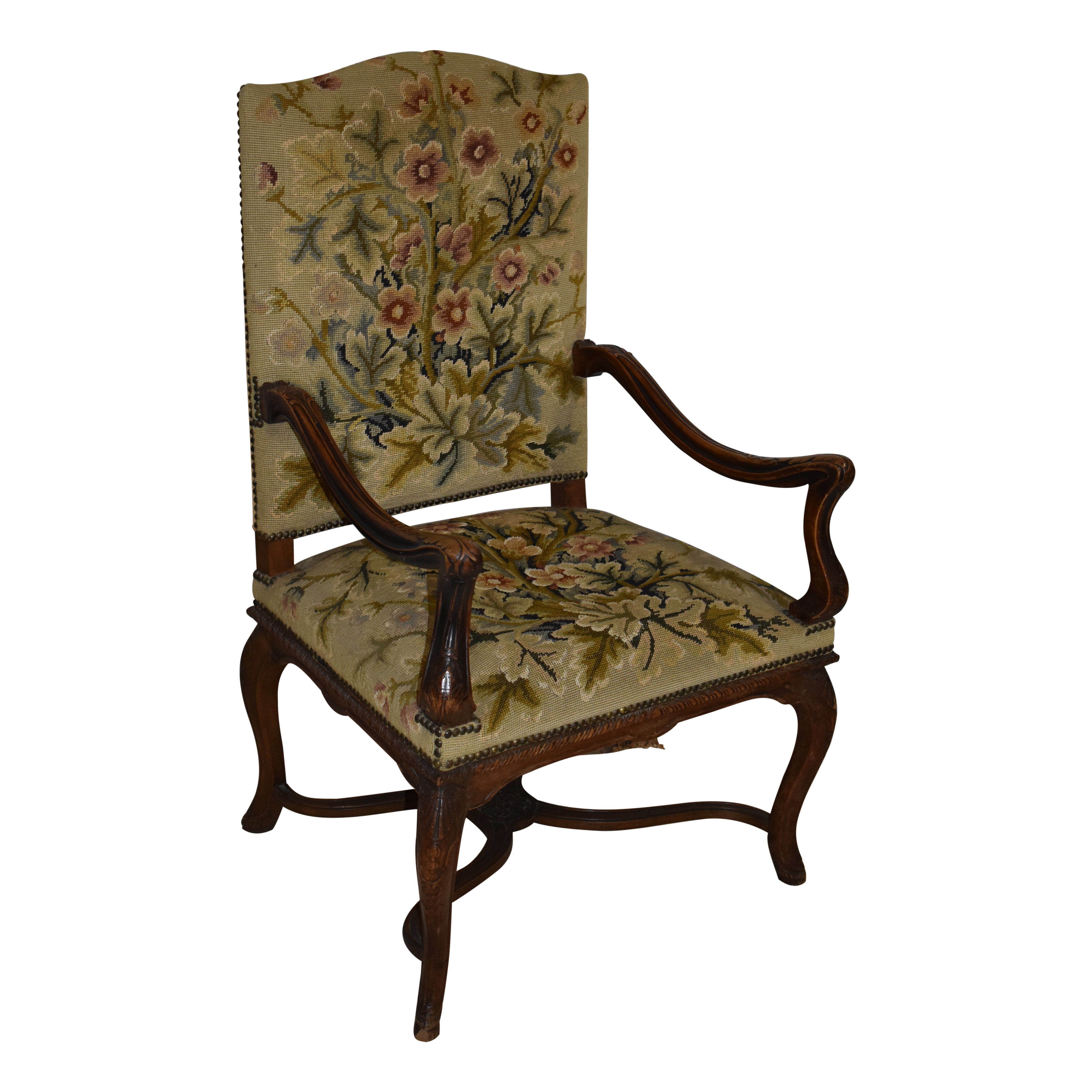 Louis XV Walnut Needlepoint Upholstered Armchair