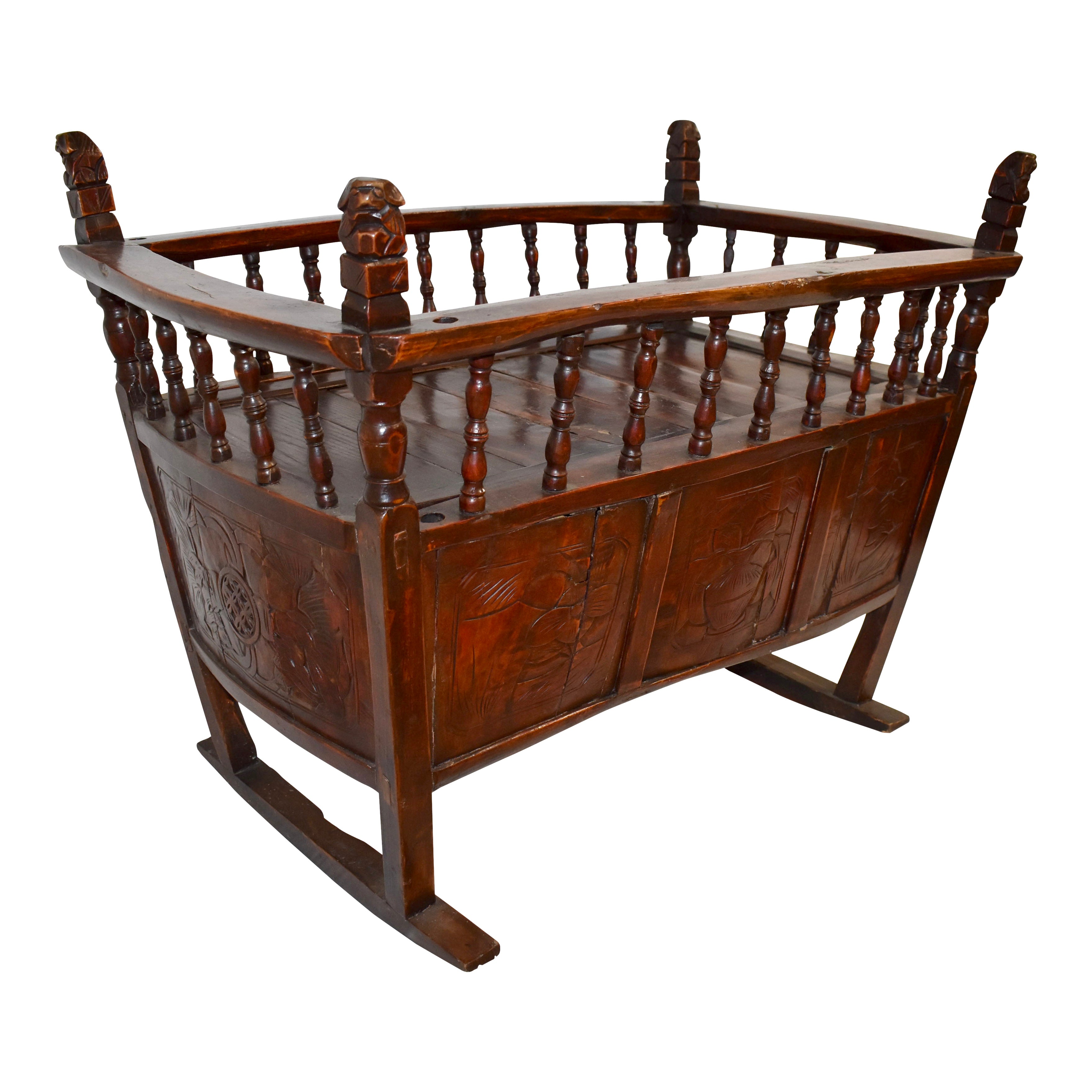 Hand-Carved Rocking Baby Cradle Ski Country Antiques Home