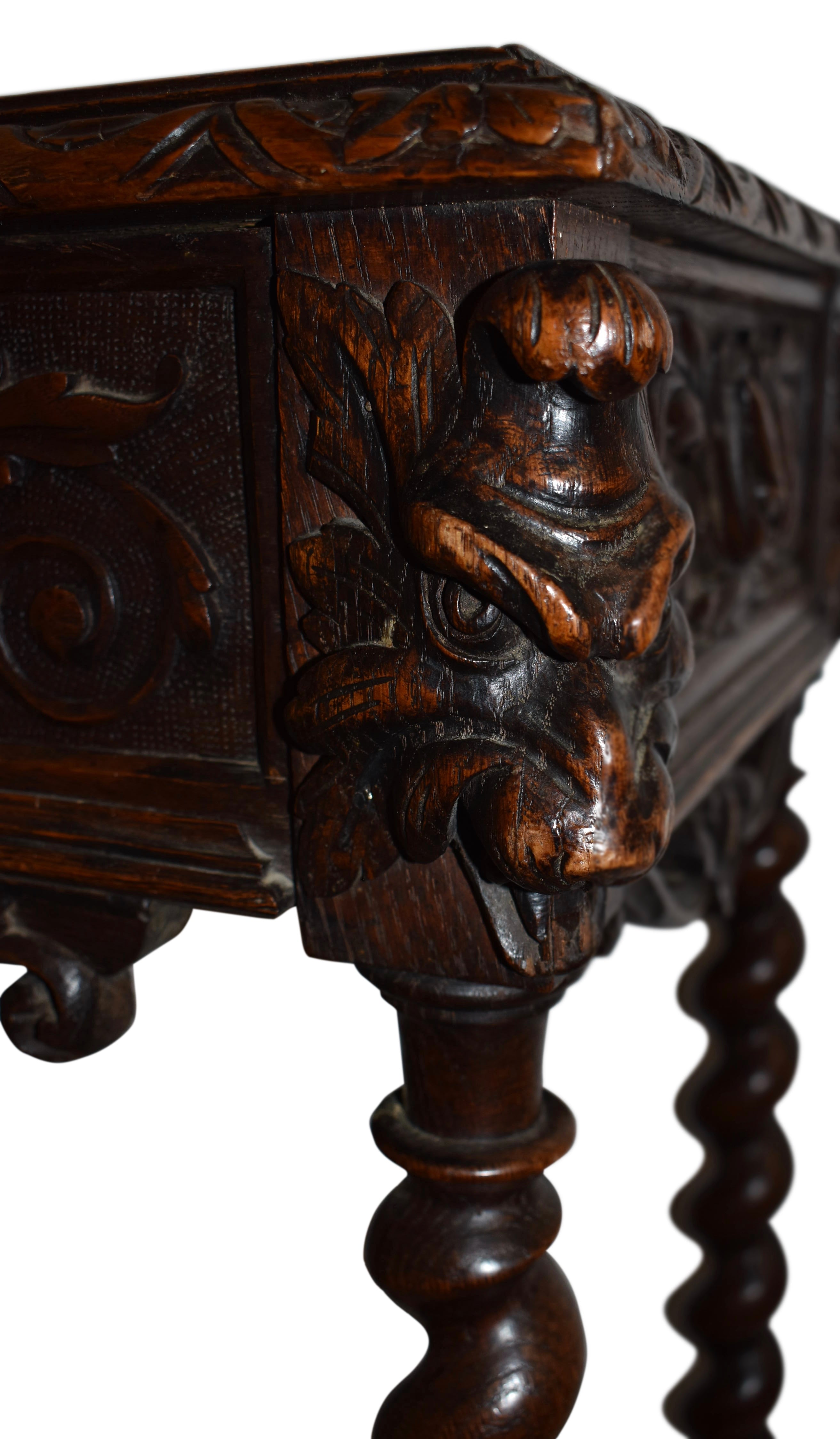 Carved Oak Green Man End Table with Barley Twist Legs