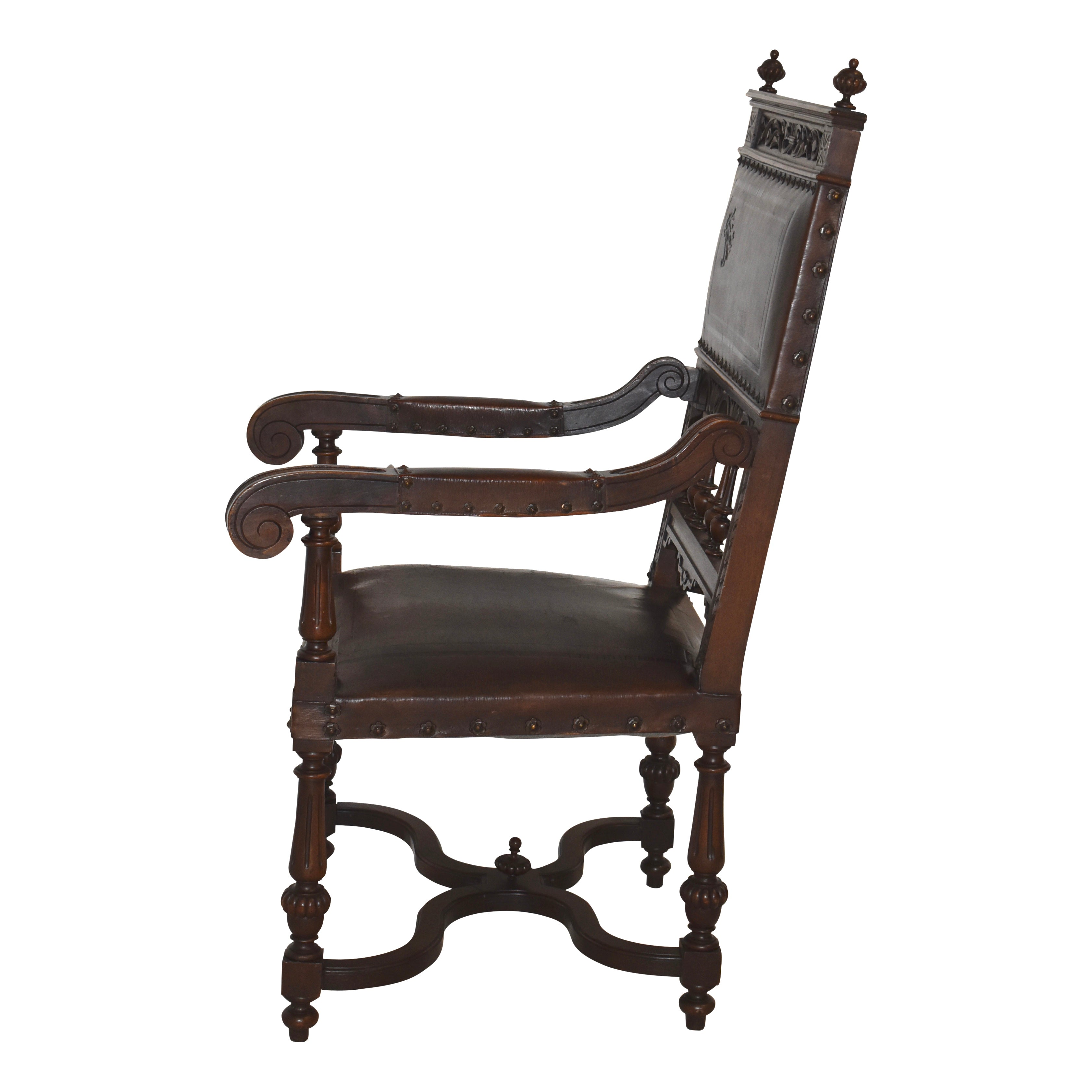Carved Armchair with Leather Upholstery